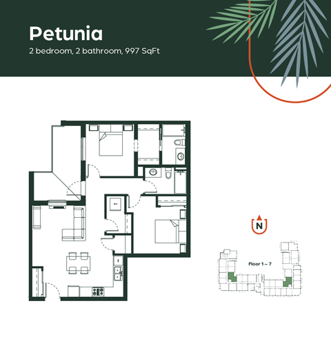 Floor plan for 2 beds, 2 baths, 997 sqft